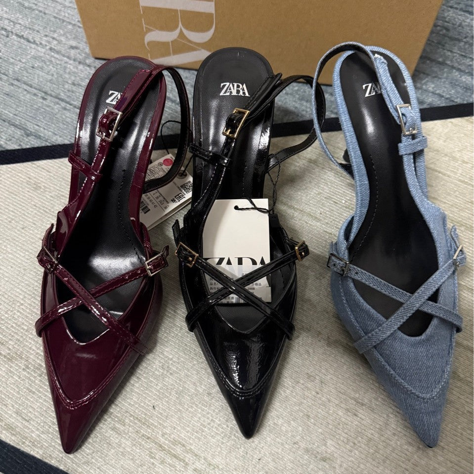 ZA2025 verão nova fivela preta com sandálias pontiagudas para mulheres estilo britânico slotted fivela salto alto para mulheres