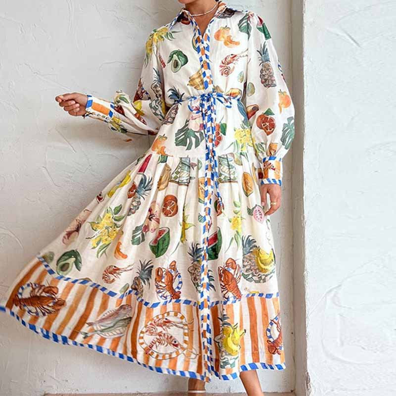 Spring 2026 new European and American cross-border women's lantern sleeve printed lapel cinched waist long sleeve big swing dress