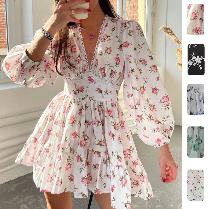 2026 spring new cross-border European and beautiful women's clothing temperament sweet printed V-neck lace waist short dress