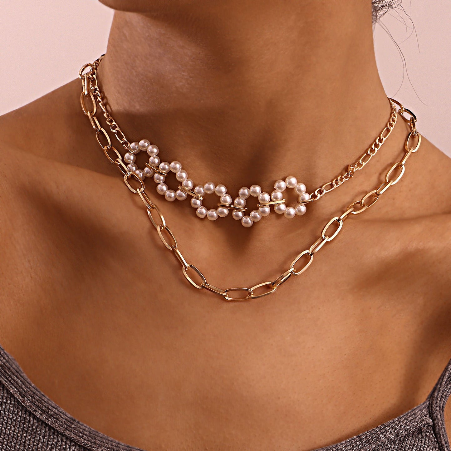 European and American cross-border jewelry, double-layer paper clip, slub chain, pearl flower necklace, women's ins-style anchor necklace