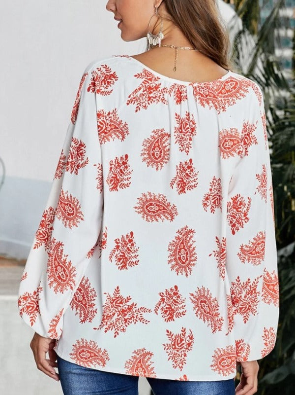 Cross-border Europe and the United States 2023 Amazon ebay Spring and Autumn New Loose Printed V-Neck Shirt Top Women