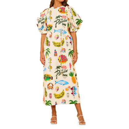 Spring 2026 new cross-border independent station AliExpress printed puff sleeve loose casual lace-up slit dress