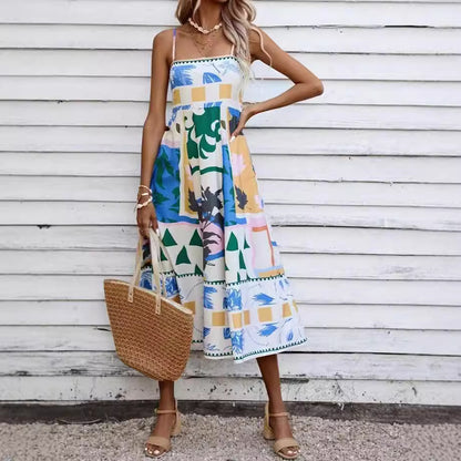 Europe and the United States 2023 Foreign Trade Cross-border Independent Station Summer Women's Clothing Sexy Positioning Printed Suspender Sleeveless Swing Dress