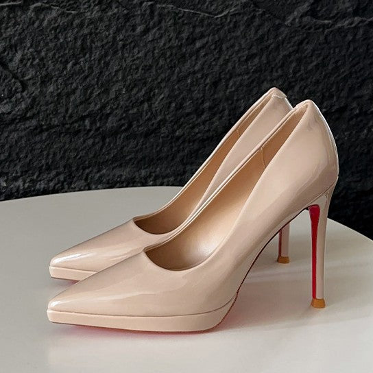 YX patent leather high heels, women's pointed toe platform, no tired feet, thin heels, commuting nude single shoes, red sole high heels
