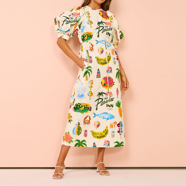 Spring 2026 new cross-border independent station AliExpress printed puff sleeve loose casual lace-up slit dress