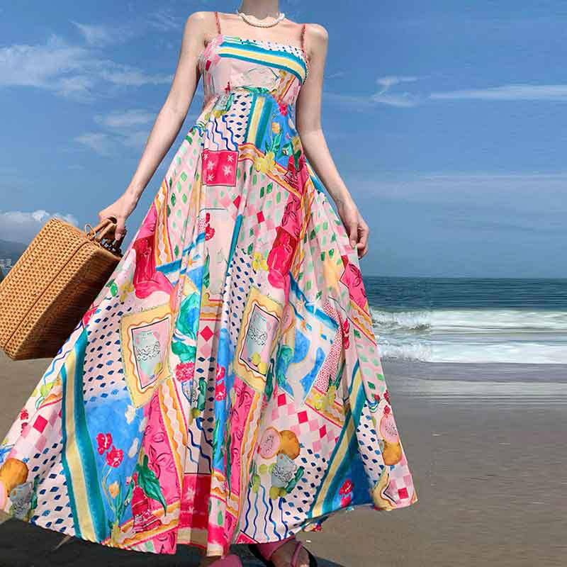 2026 Spring New Dresses European and American Sleeveless Collarless High Waist Printed Women's Large Swing Slip Dress