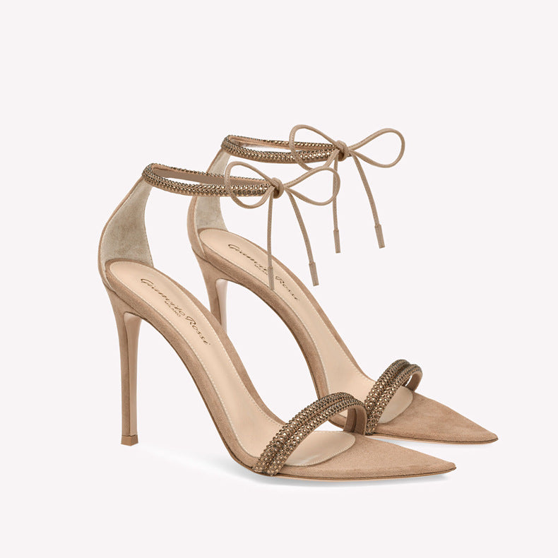 Cross-border pointed toe rhinestone stiletto heel high heel sandals strappy open toe high heels European and American style versatile spring new style