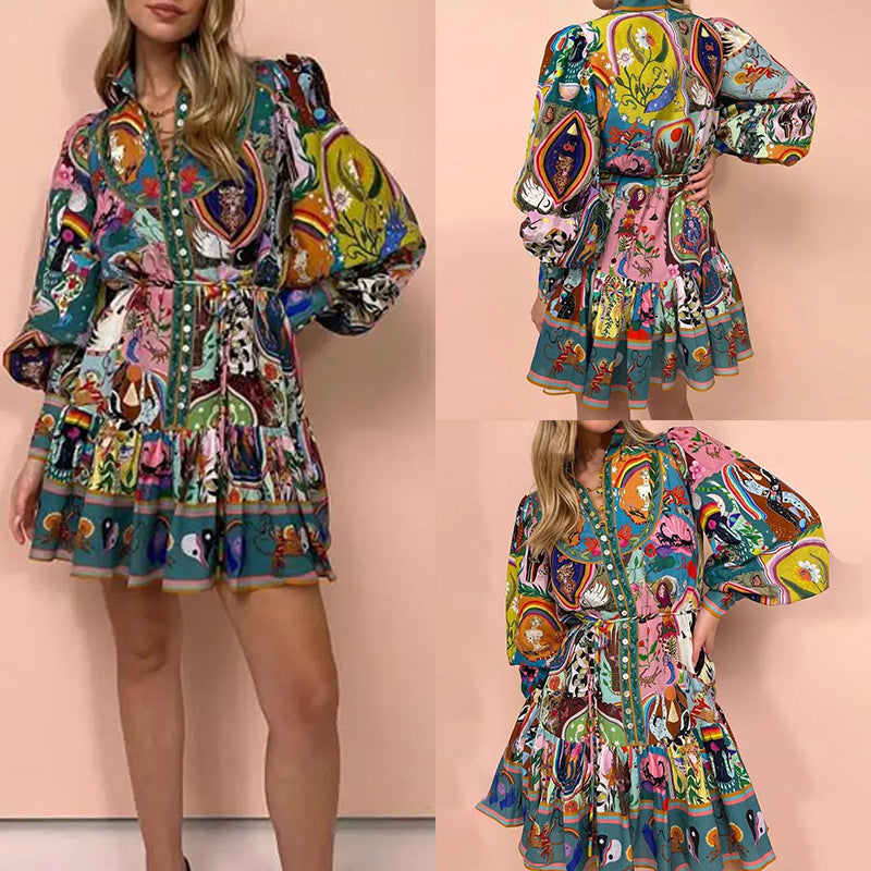 2026 Cross-border European and American Clothing Printed Crew Neck Cinching Waist Pleated Ruffled Vintage Pleated European and American Dress