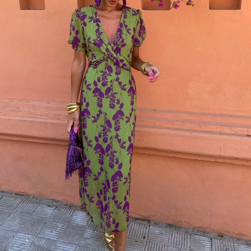 Spring 2026 Amazon European and American fashion contrast print maxi dress elegant slim V-neck short sleeve dress