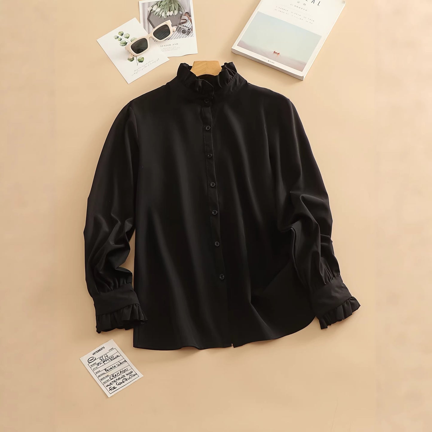 2026 New Cross-border European and American Simple Ruffle Shirt, Collar Long Sleeve, Plus Size Shirt, Spring/Summer Versatile Casual Business Style