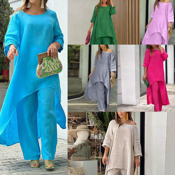 2026 New European Beauty Fashion Casual Solid Color Loose Irregular Long Sleeve Suit Wide-leg Pants Two-Piece Set 661