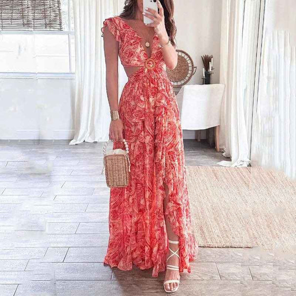 European and American women's clothing 2026 cross-border Amazon new printed deep V sexy waistless long pleated European and American dress