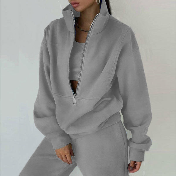 2026 cross-border Amazon European and beautiful women's clothing foreign trade new zipper fleece sweatshirt sports fashion sweatshirt set - view 2 | Ciaura