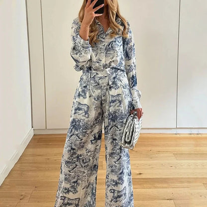 Spring 2026 new cross-border European and American clothing loose printed long-sleeved shirt trousers casual fashion suit