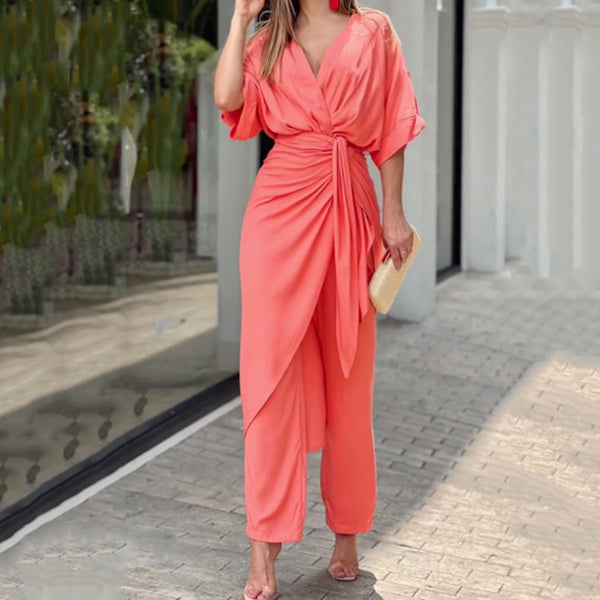 2026 spring new cross-border European and beautiful fashion casual bat sleeve solid color straight-leg pants temperament suit
