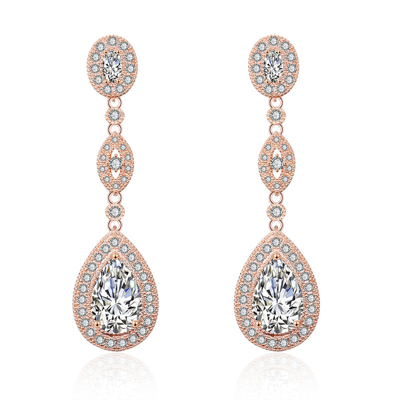 RAKOL European and American Classic Vintage Long Water Drop Zircon Earrings Feminine Bridal Banquet Dress Wedding Dress Earrings