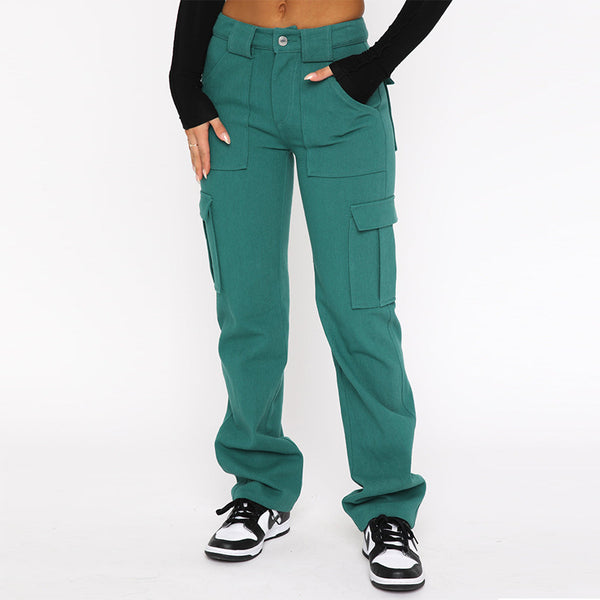 European and American fashion foreign trade new cross-border amazon women's trousers pocket stitching casual loose mid-rise jeans women