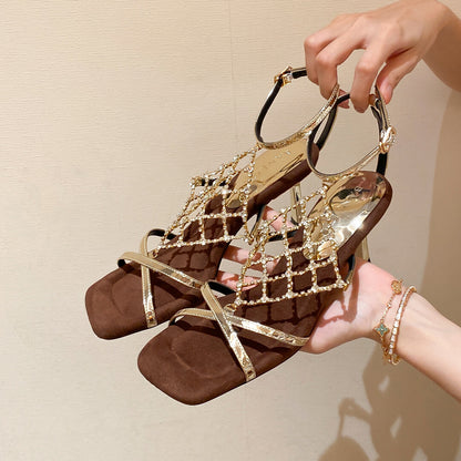 2026 New Grid Chain High Heel Square Toe Gold Silver Internet Celebrity Style Temperament Metal Open-toe Sandals for Women