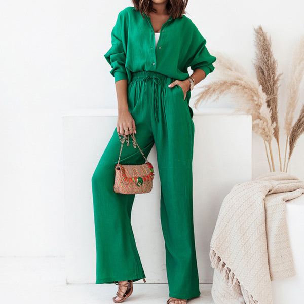 2026 spring new cross-border European and American clothing fashion temperament solid color lapel shirt high-waisted trousers two-piece set for women
