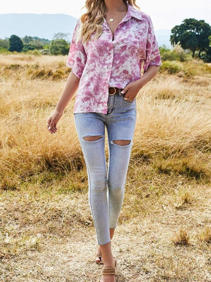 Cross-border Europe and the United States 2023 Amazon ebay Spring and Autumn New Loose Print Gradient Short Sleeve Shirt Top for Women