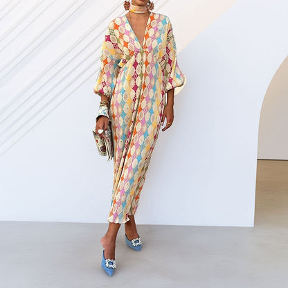 Spring 2026 Amazon European and American fashion contrast print maxi dress elegant slim V-neck short sleeve dress