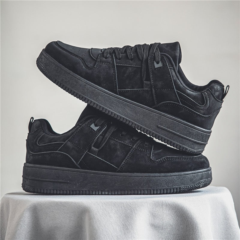 2026 Spring New Pure Black Men's Shoes: Versatile Thick-Soled Height-Increasing Casual Board Shoes, Youth Work Sports Trendy Shoes