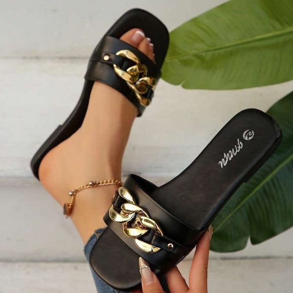 Cross-border dropshipping women's shoes, women's fashion slippers, solid color chain metal decoration, square toe flat sole, simple and comfortable solid color