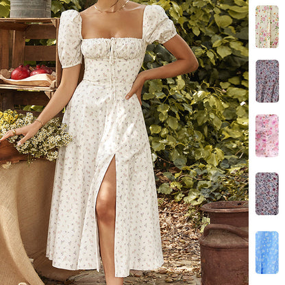 Spring 2026 New Cross-border European and American Clothing Printed French Floral Open Back Slim Suspender Slit Dress