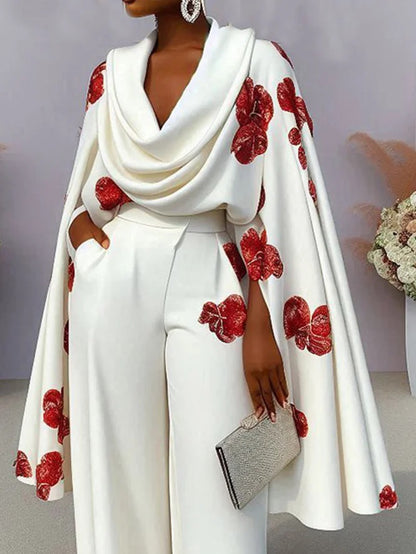 Comércio exterior transfronteiriço europeu e roupas bonitas estação independente novos produtos impressos gola pilha manga longa conjunto de calças de duas peças