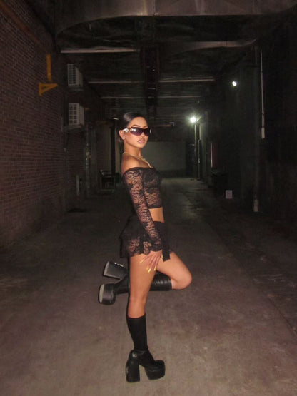 Cross-border Amazon European and American women's clothing spicy sexy bandeau crop top waist lace see-through skirt two-piece set