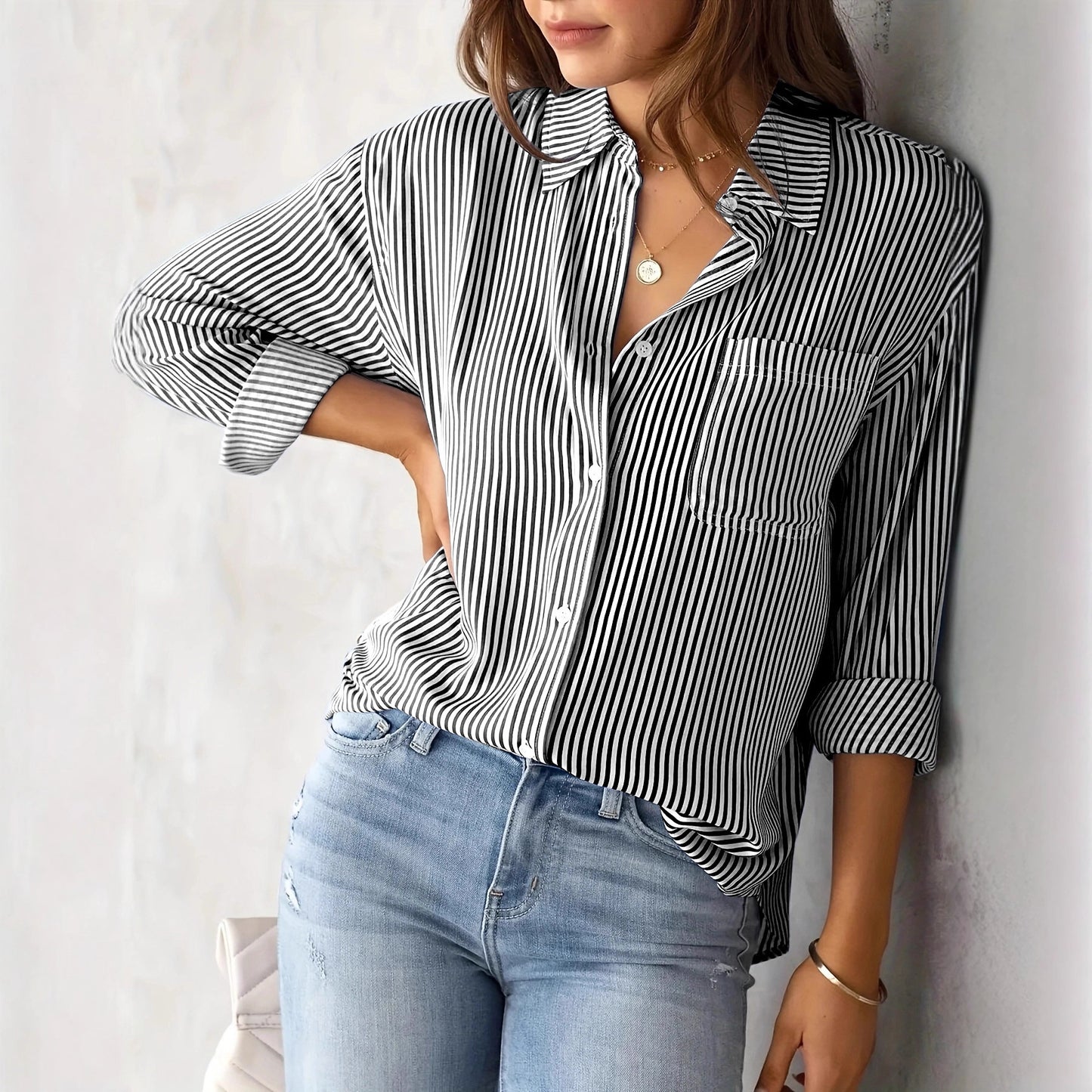 European and American Fall 2023 Amazon Striped Cardigan Top Loose Long Sleeve Shirt Women's Striped Long Sleeve Shirt