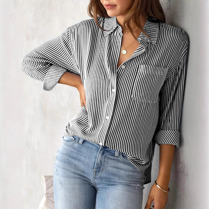 European and American Fall 2023 Amazon Striped Cardigan Top Loose Long Sleeve Shirt Women's Striped Long Sleeve Shirt