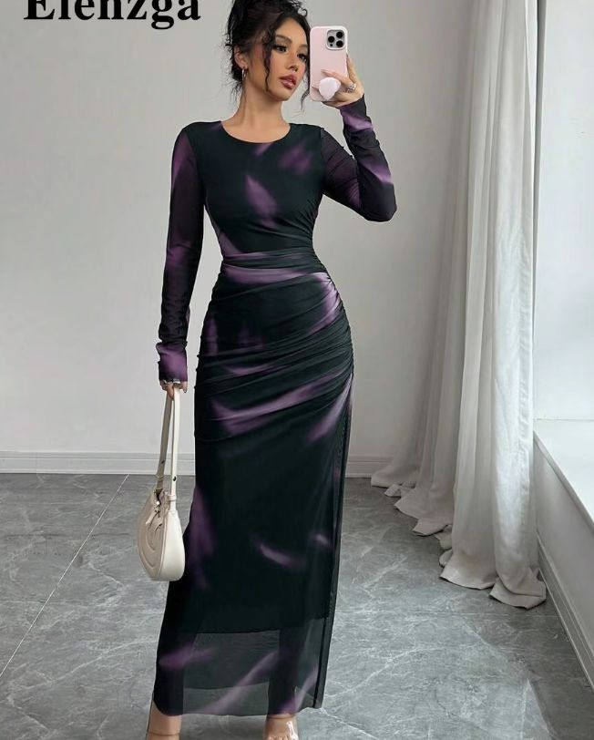 2025 Women's Elegant Gradient Mesh Shirring Tight Skirt Spring and Summer New Long Sleeve Mesh Skirt