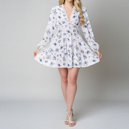 2026 Amazon European and American Clothing Temperament Sweet Floral High Waist Slim V-Neck Short Long Sleeve European and American Dress