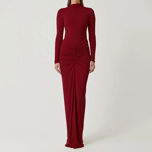 Cross-border spring 2026 new European and beautiful clothing temperament elegant solid color slim pleated hip tuck dress 661