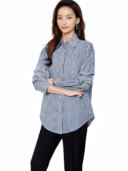 Women's vertical striped shirt, loose lapel-collar long-sleeve shirt, casual commuting versatile striped shirt