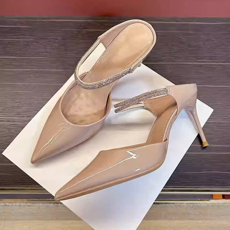 2026 autumn new pointed diamond belt high heels with stiletto heels female royal sister temperament wear sexy toe toe cool half slippers