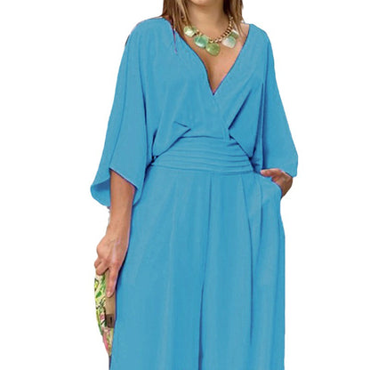Spring 2026 European and American jumpsuit women's fashion casual and simple style V-neck loose waist jumpsuit