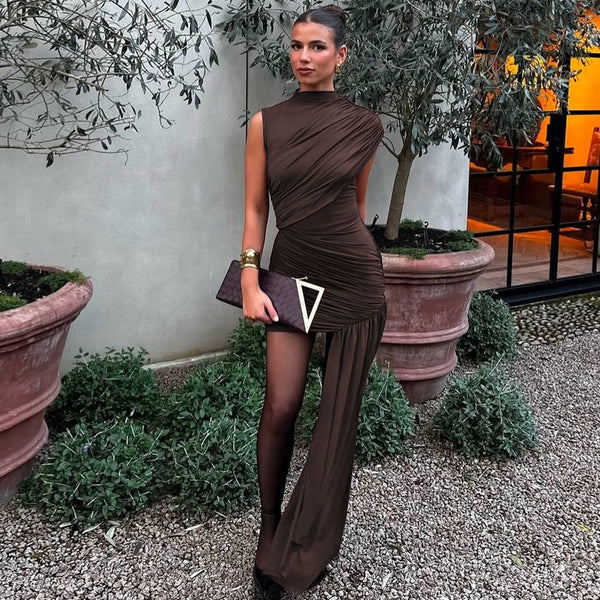 Foreign trade 2025 summer new European and beautiful clothing solid color crew neck pleated streamer hip irregular sleeveless dress