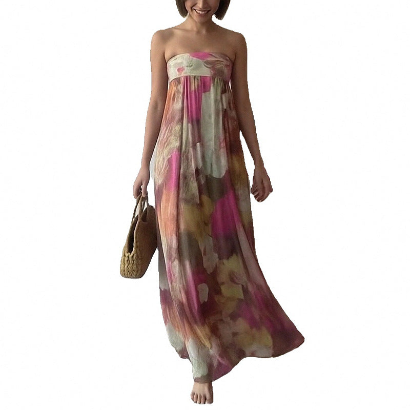 2026 spring new cross-border European and beautiful women's clothing sexy printed bandeau dress temperament commuter fashion long skirt