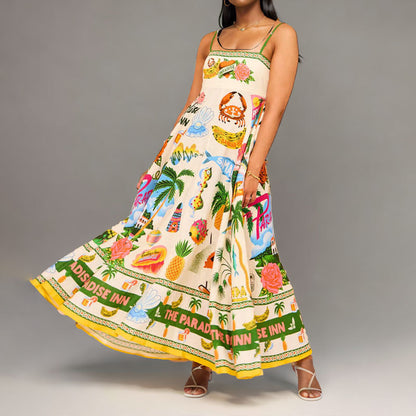 Spring 2026 European and American women's new elegant high-waisted printed suspender casual fashion dress