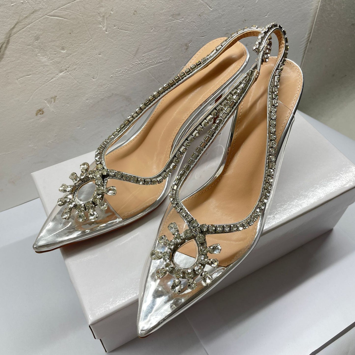 Transparent strap high heel sandals, niche back hollow toe high heels, women's stiletto heels, pointed toe, European and American super high heels