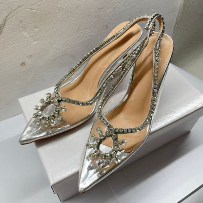 Transparent strap high heel sandals, niche back hollow toe high heels, women's stiletto heels, pointed toe, European and American super high heels