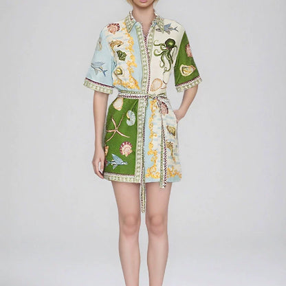 2026 spring new cross-border Amazon European and American fashion printed temperament lapel strap short-sleeved dress