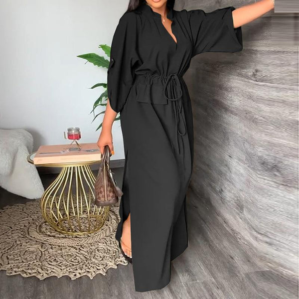 2026 Spring New European and American Cross-border Women's INS Casual Fashion Stand Up Collar Slit Long Skirt Solid Color Dress