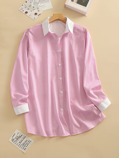 Cross-border European and American new fashionable casual plus-size women's clothing, long-sleeve striped lapel plus-size shirts