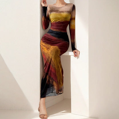 2025 cross-border Amazon spring European and beautiful women's clothing temperament is elegant and sexy, slim-fitting, long-waisted, long-sleeved dress