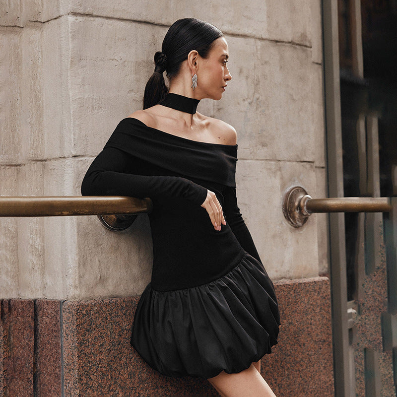 Vestido curto e justo, justo, preto e branco, com costuras transfronteiriças, para o outono/inverno, ideal para mulheres europeias e americanas.