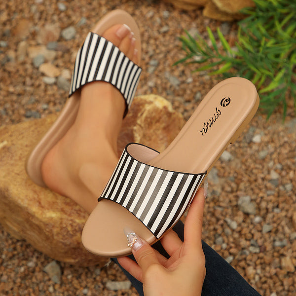 Cross-border European size women's slippers, elegant versatile animal print decoration, round toe flat sole, lightweight, cross-border European and American shoes