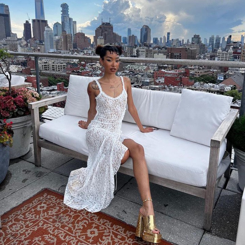 Amazon European and American Fashion 2025 Spring/Summer New Spice Girl Style Sexy Lace Cut-Through Sheer Suspender Dress for Women